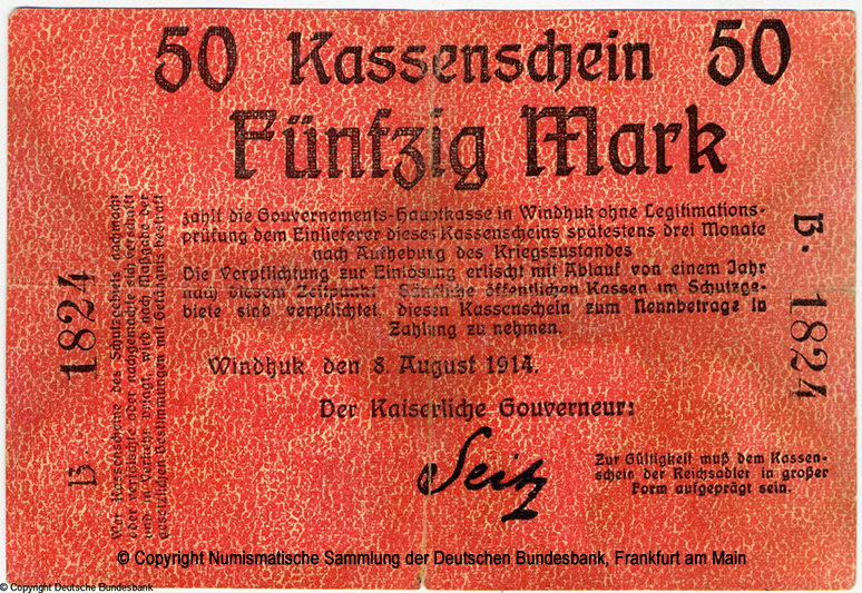 Government Deutsch-Südwestafrika - Kassenshein. 50 Mark. 8. August 1914. 