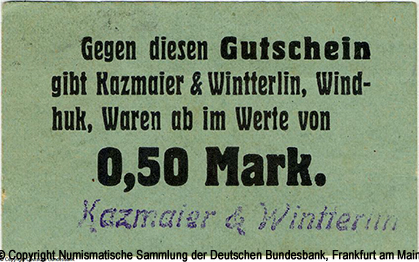 Deutsch-Südwestafrika. Kazmaier & Wintterlin / Windhuk Gutschein 0,50 Mark