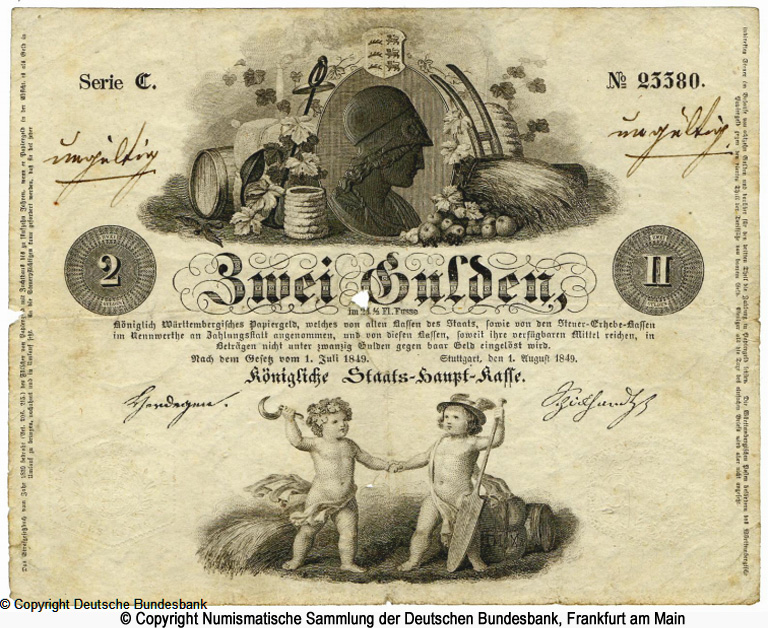 Finanzministerium / Königliche Staats-Haupt-Kasse. 2 Gulden 1849