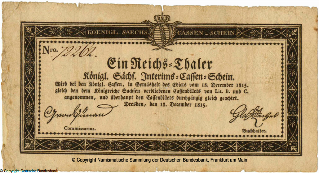Koniglich Sachsische Interims Cassen Kassenschein. 1 Reichs=Thaler. 18 Dezember 1815.