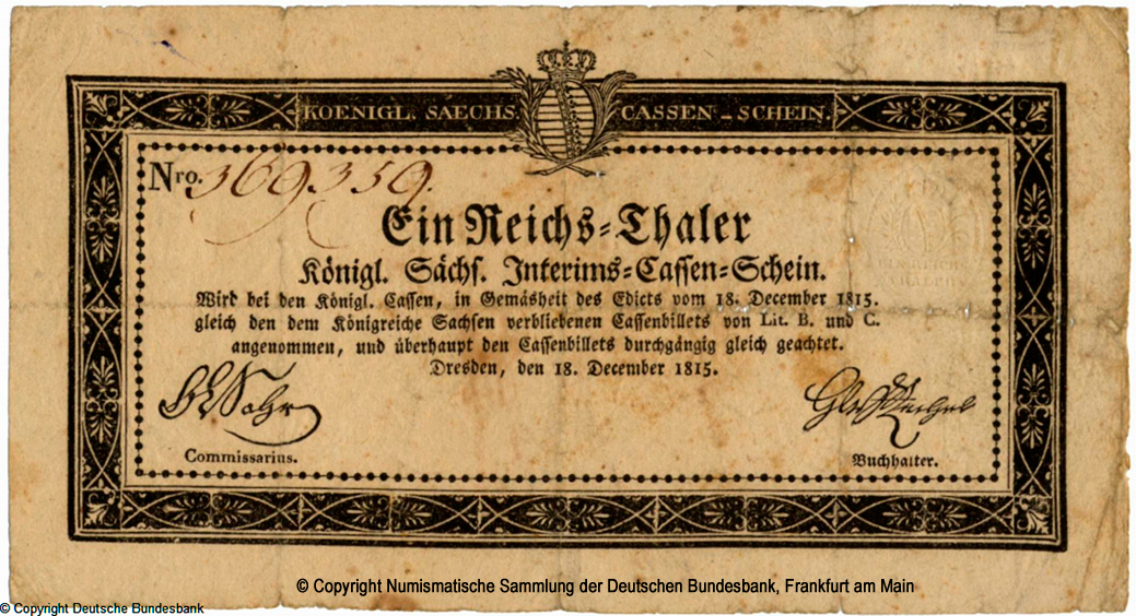 Koniglich Sachsische Interims Cassen Kassenschein. 1 ReichsThaler. 1815.
