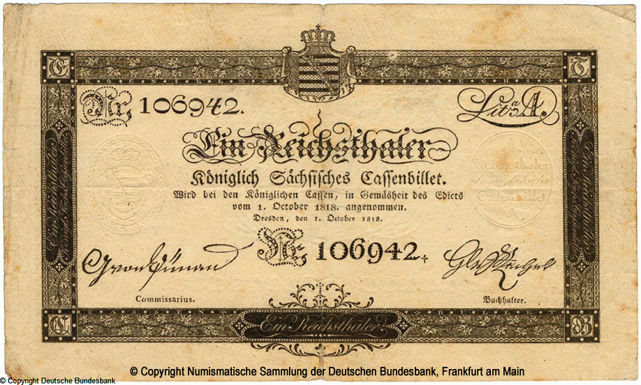 Koniglich Sachsische Cassenbilet. 1 Reichsthaler. 1. Oktober 1818. Nr 106942