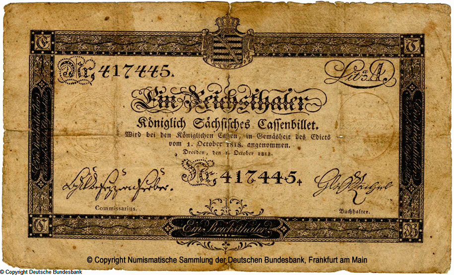 Koniglich Sachsische Cassenbilet. 1 Reichsthaler. 1. Oktober 1818. Nr 417445