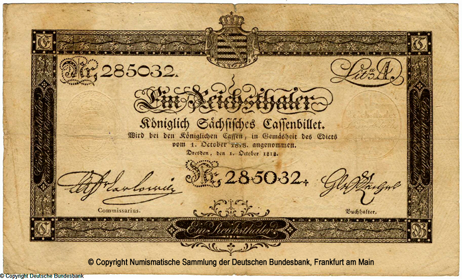 Koniglich Sachsische Cassenbilet. 1 Reichsthaler. 1. Oktober 1818. Nr 285032