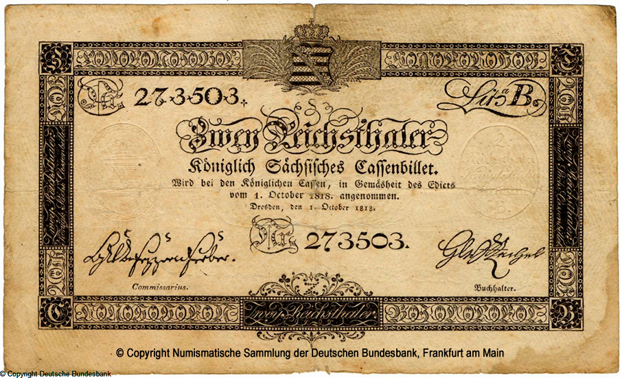 Koniglich Sachsische Cassenbilet. 2 Reichsthaler. 1. Oktober 1818. 273503
