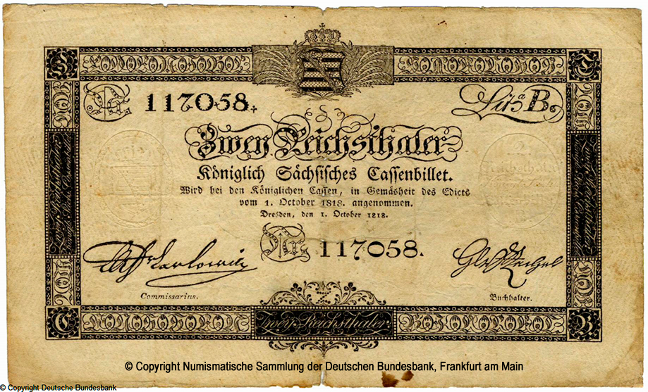 Koniglich Sachsische Cassenbilet. 2 Reichsthaler. 1. Oktober 1818. 117058