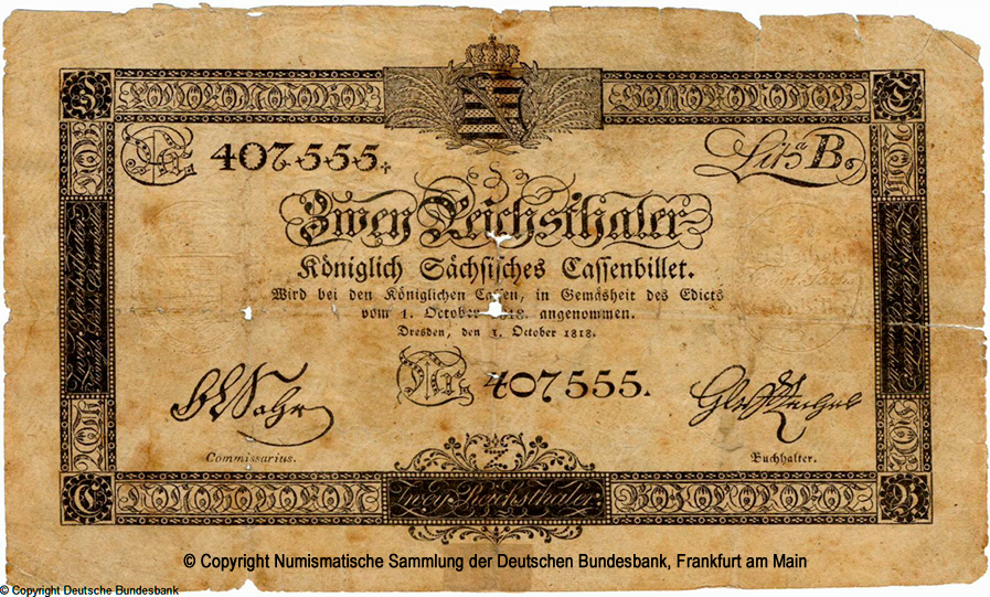 Koniglich Sachsische Cassenbilet. 2 Reichsthaler. 1. Oktober 1818. 407555