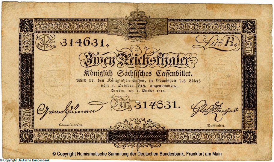 Koniglich Sachsische Cassenbilet. 2 Reichsthaler. 1. Oktober 1818. 314631