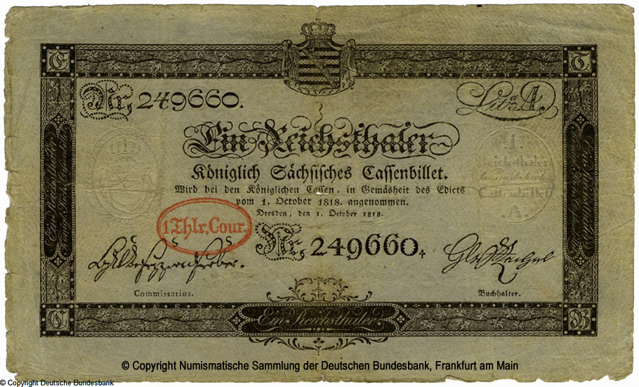 Koniglich Sachsische Cassenbilet. 1 Reichsthaler. 1. Oktober 1818. (1834) 249660