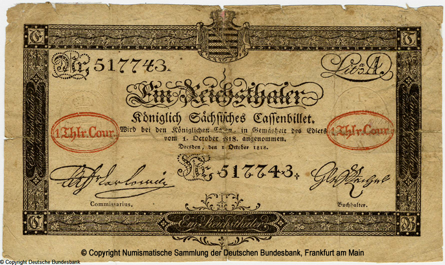 Koniglich Sachsische Cassenbilet. 1 Reichsthaler. 1. Oktober 1818. (1834)