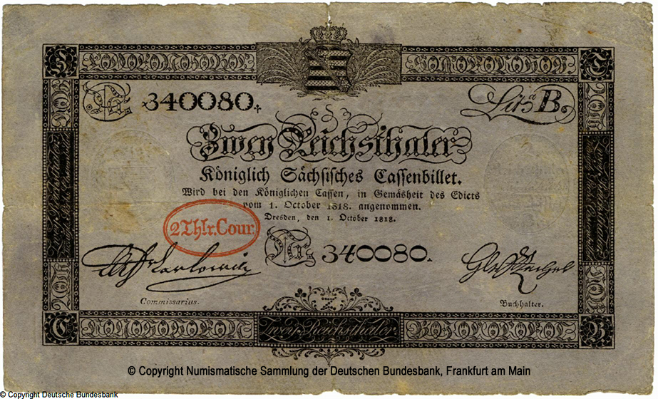 Koniglich Sachsische Cassenbilet. 2 Reichsthaler. 1. Oktober 1818. (1834) 340080