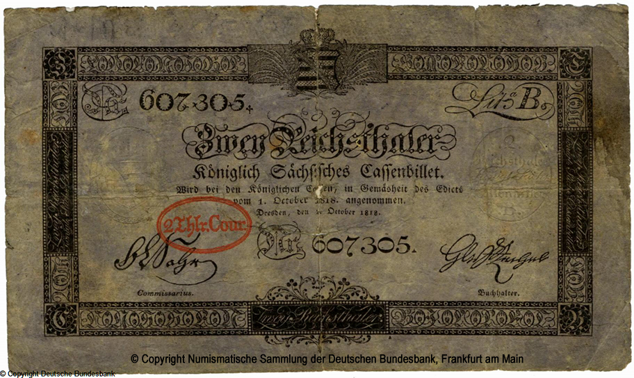 Koniglich Sachsische Cassenbilet. 2 Reichsthaler. 1. Oktober 1818. (1834) 607305