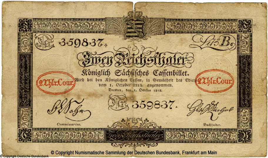 Koniglich Sachsische Cassenbilet. 2 Reichsthaler. 1. Oktober 1818.