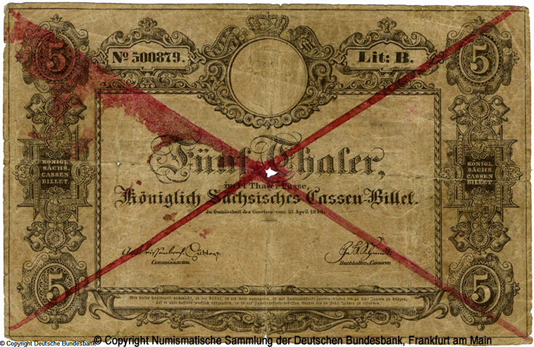 Königlich Sachsische Cassenbilet. 5 Thaler. 16. April 1840.