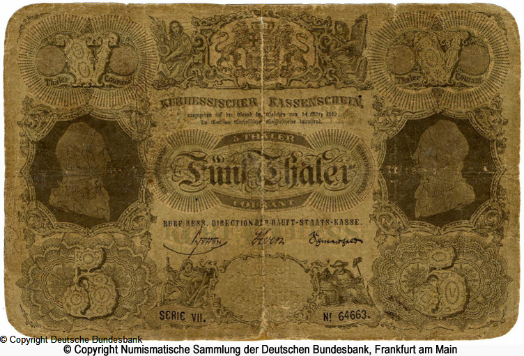 Kurfürstlich Hessische Direction der Hauptstaatskasse 5 Thaler 1849