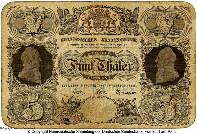 Kurfürstlich Hessische Direction der Hauptstaatskasse 5 Thaler 1848