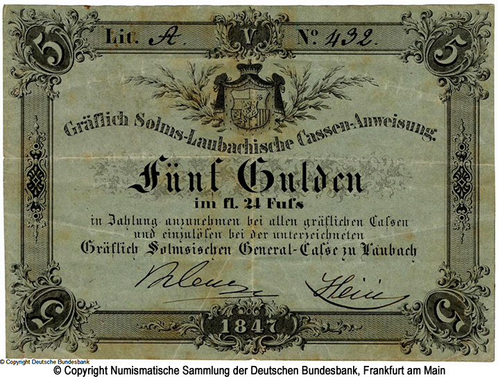 Gräflich Solmsische General-Casse 5 Gulden 1847