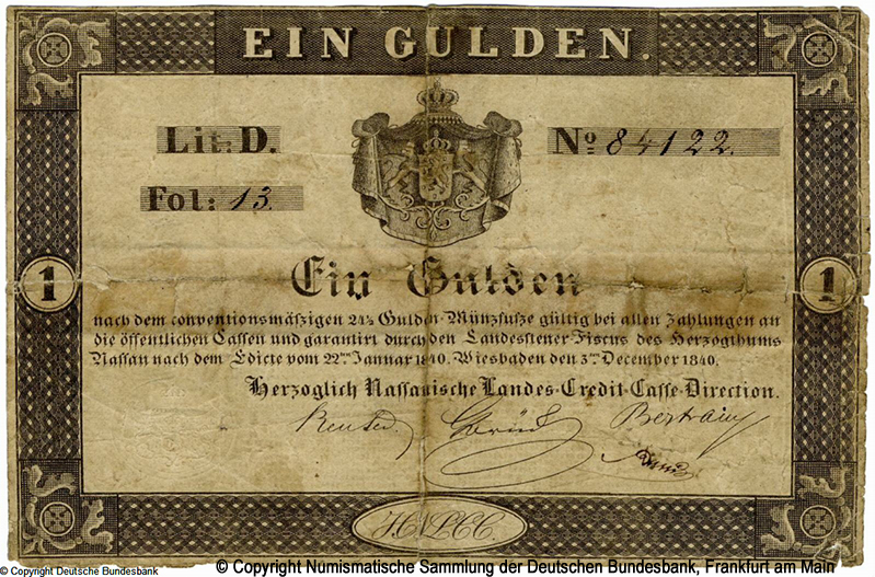 Herzoglich Nassauische Landes-Credit-Casse 1 Gulden 1840 Lit D