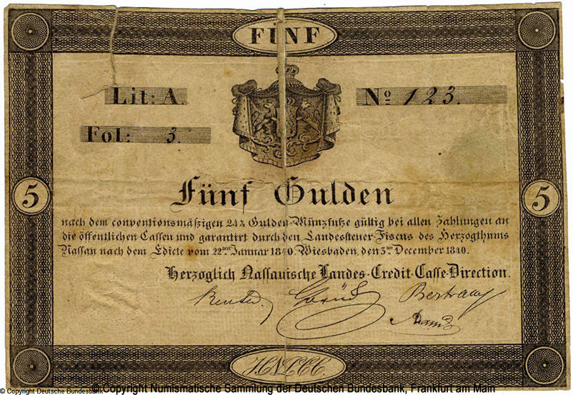 Herzoglich Nassauische Landes-Credit-Casse 5 Gulden 1840