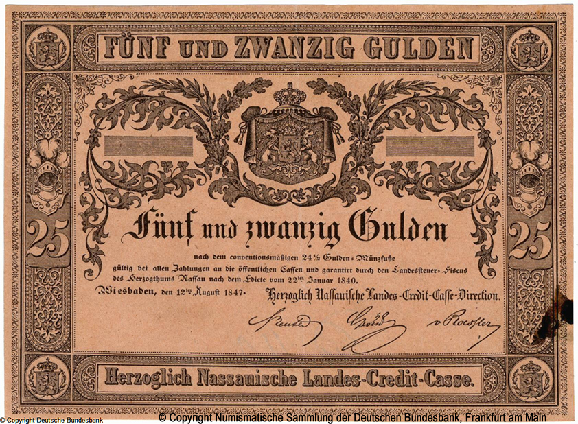   Herzoglich Nassauische Landes-Credit-Casse 25 Gulden 1847 Formular