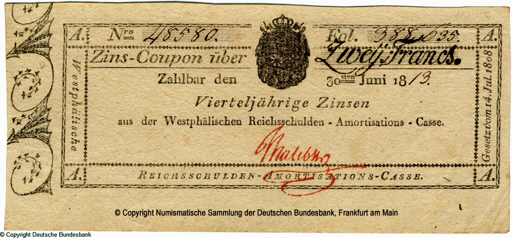 Obligationen der Reichsschulden-Amortisation-Casse Zinskupon 2 Francs 1913
