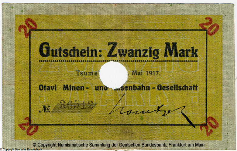 Otavi Minen- und Eisenbahn-Gesellschaft Gutschein. 20 Mark 1917