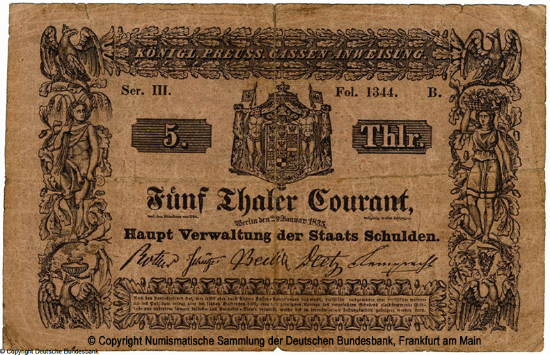 Hauptverwaltung der Staatsschulden. Cassen=Anweisung. 5 Thaler Courant.  2. Januar 1835.