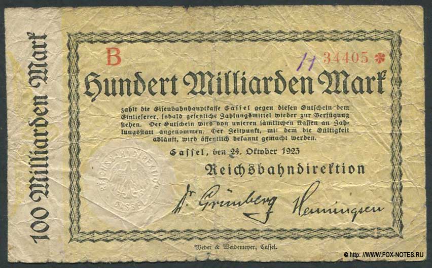 Reichsbahndirektion Cassel 100 Milliarden Mark 1923