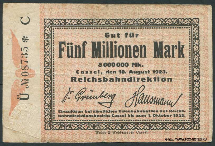 Reichsbahndirektion Cassel 5 Millionen Mark 1923