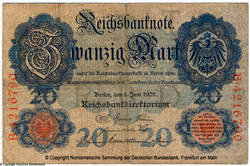 Reichsbanknote. 20 Mark. 8. Juni 1907. Udr.-Bst. T.