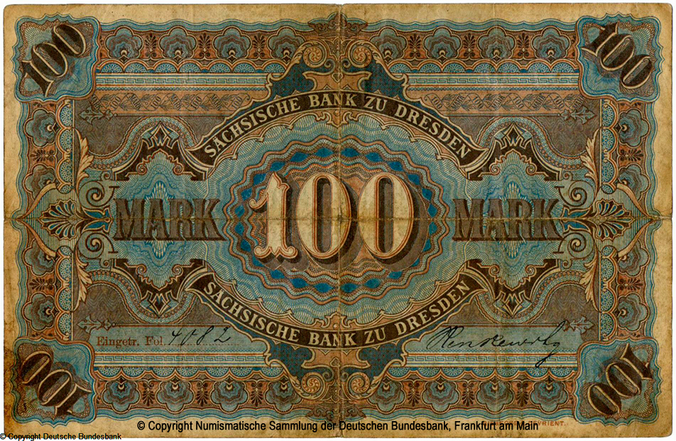 Sächsischen Bank zu Dresden. Banknote. 100 Mark 1890. Lit. H.