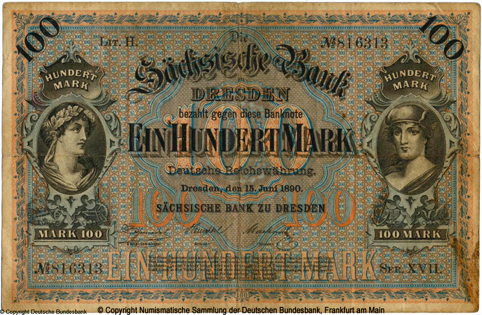 Sächsischen Bank zu Dresden. Banknote. 100 Mark 1890. Lit. H.
