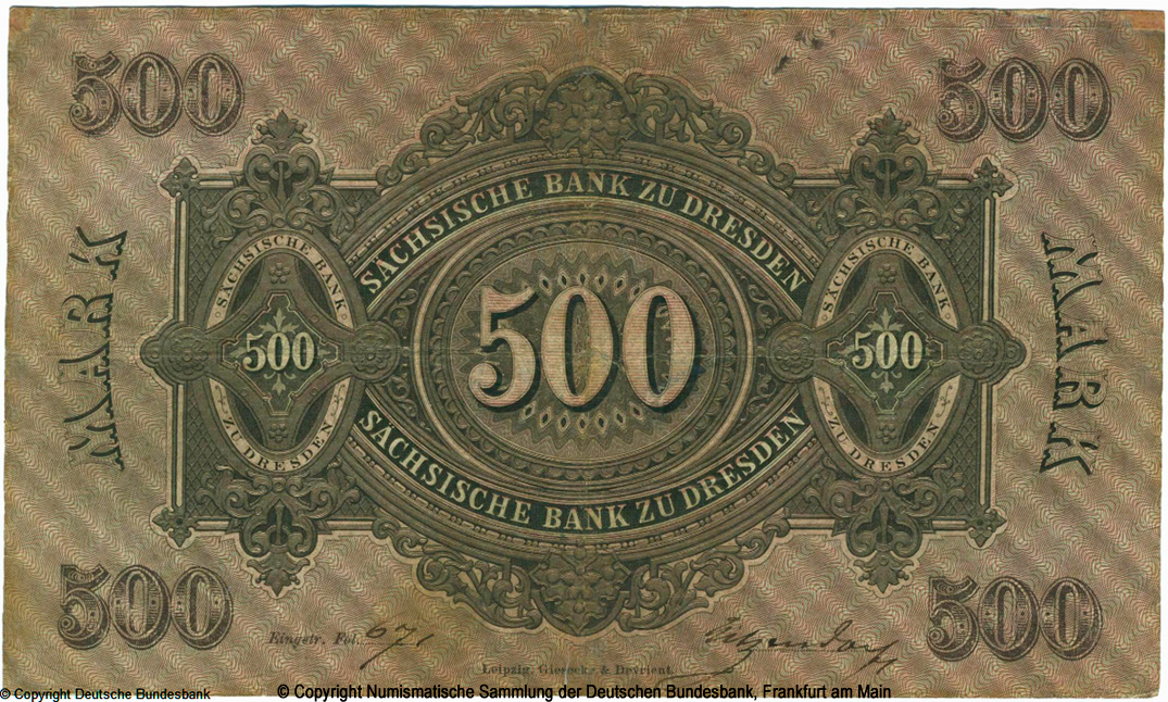 Sächsischen Bank zu Dresden. 500 Mark 1874.
