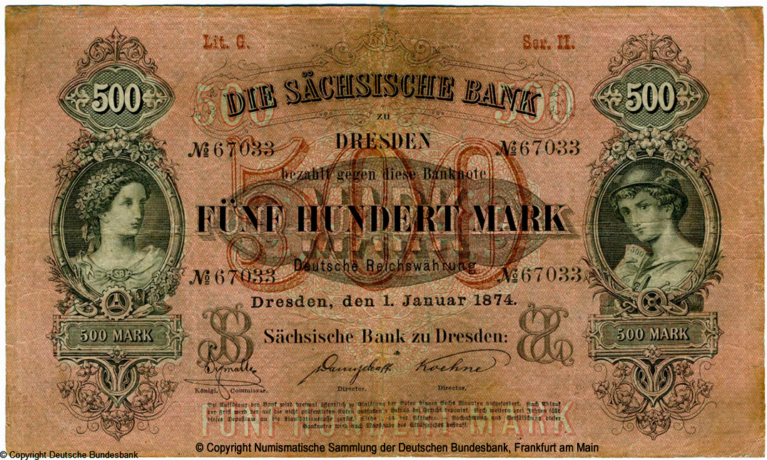 Sächsischen Bank zu Dresden. Banknote. 500 Mark 1874.