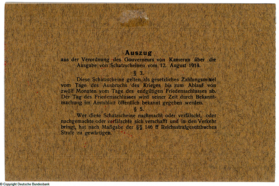 Kaiserliches Gouvernement von Kamerun Schatzschein. 50 Mark. 12ten August 1914.