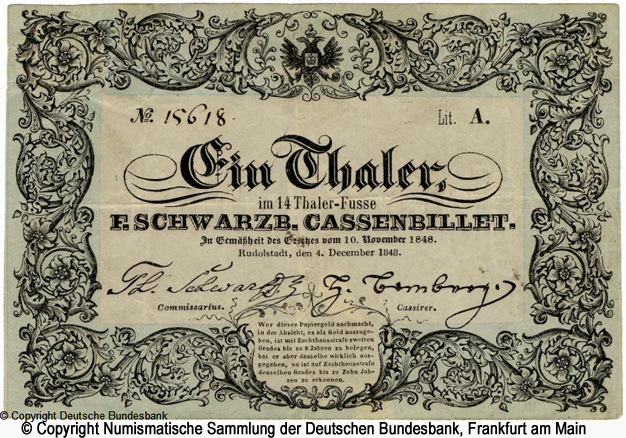  Fürstentum Schwarzburg-Rudolstadt Eschwarzb. Cassenbillet 1 Thaler 1848