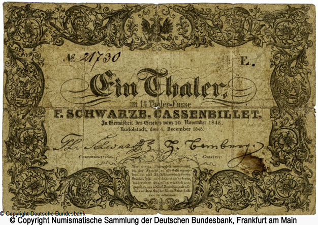  Fürstentum Schwarzburg-Rudolstadt Eschwarzb. Cassenbillet 1 Thaler 1848 