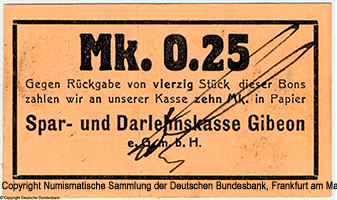 Deutsch-Südwestafrika. Spar- und Darlehnskasse Gibeon e.G.m.b.H.. Mk. 0.25