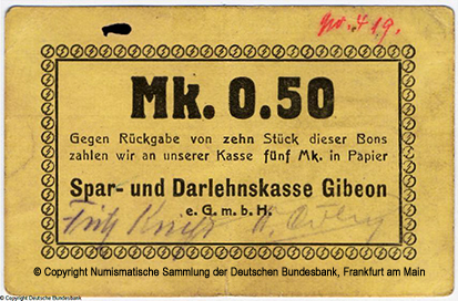 Deutsch-Südwestafrika. Spar- und Darlehnskasse Gibeon e.G.m.b.H.. Mk. 0.50