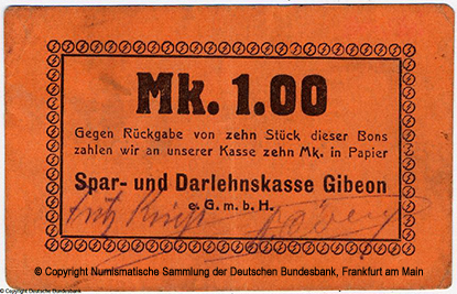 Deutsch-Südwestafrika. Spar- und Darlehnskasse Gibeon e.G.m.b.H.. 1 Mark.