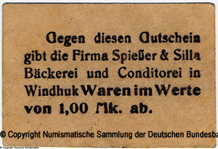 Spießer & Silla Bäckerei und Conditorei / Windhuk. Gutschein. 1 Mark.