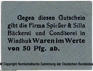 Spießer & Silla Bäckerei und Conditorei / Windhuk. Gutschein. 50 Pfennig.
