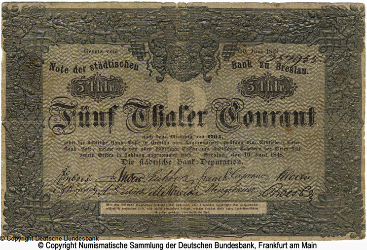 Städtische Bank zu Breslau (Schlesien) 5 Thaler 1848