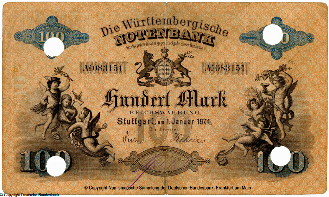 Württembergische Notenbank Banknote. Banknote. 100 Mark. 1. Januar 1874. 