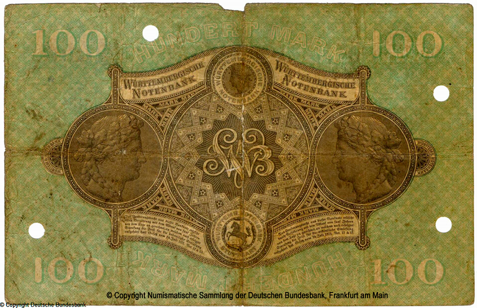 Württembergische Notenbank. Banknote. 100 Mark. 1875.