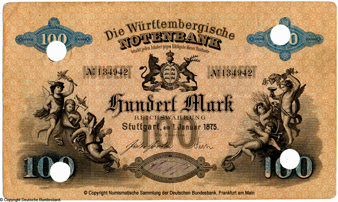Württembergische Notenbank. Banknote. 100 Mark. 1. Januar 1875.