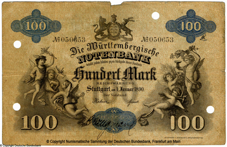 Württembergische Notenbank. Banknote. 100 Mark. 1. Januar 1890.