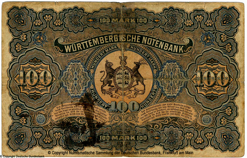 Württembergische Notenbank. Banknote. 100 Mark. 1902.