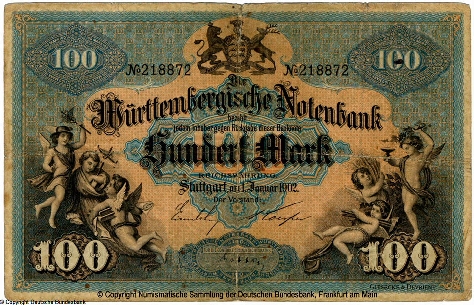 Württembergische Notenbank. Banknote. 100 Mark. 1. Januar 1902.