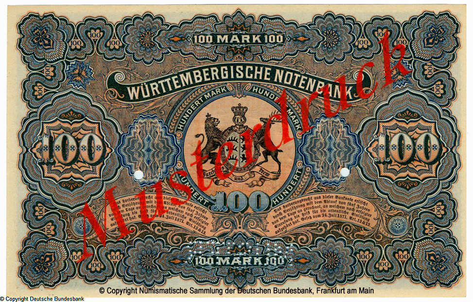 Württembergische Notenbank. Banknote. 100 Mark. 1902. SPECIMEN